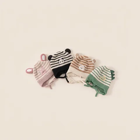 Baby Knit Ear Protection Hat Cartoon Animal Shaped Striped Beanie For Toddler Kids Winter Warm Acrylic Cap With Strap
