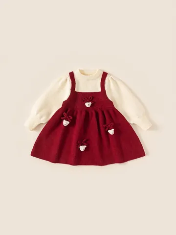 Mädchen Süßes Acryl Strick Kleid Falsches Zweiteiler Rot Off White Patchwork Cartoon Bär Schleife Winter Warm Prinzessin Kleid