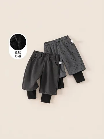 Girls Winter Fleece Lined Pants Thickened Fake Two Piece Wide Leg Trousers Gray Polka Dot Thermal Long Pants For Kids