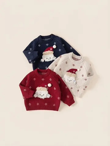 Toddler Girls Christmas Knitted Sweater Snowflake Plush Puppy Applique Pullover Winter Holiday Top Red Plaid Pants Outfit
