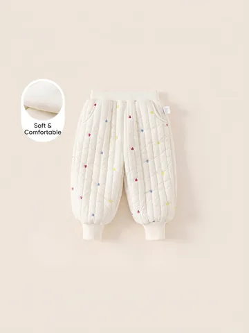 Girls Sweet Heart Embroidered Quilted Thickened Warm Pants Winter Ribbed Cuff Fleece Lined Nylon Padded Trousers For Kids