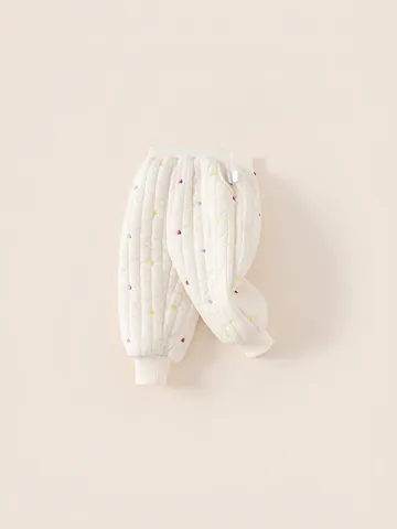 Girls Sweet Heart Embroidered Quilted Thickened Warm Pants Winter Ribbed Cuff Fleece Lined Nylon Padded Trousers For Kids