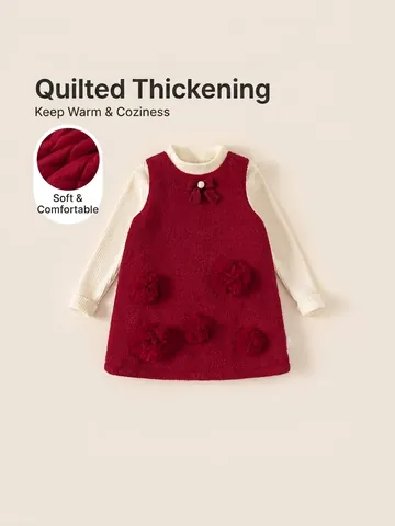 Girls Winter Quilted Floral Dress Outfit Long Sleeve Ribbed Knit Sweater Padded Pinafore Two Outfit For Kids Warm Clothing