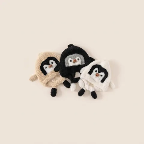 Gorro con Orejeras de Felpa de Pingüino Lindo para Niños Invierno Cálido a Prueba de Viento Vellón Animal para Niños Niñas