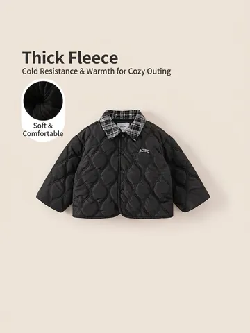 Childrens Boys Winter Quilted Padded Jacket Fleece Lined Warm Coat With Plaid Collar And Letter Embroidery Black Outwear