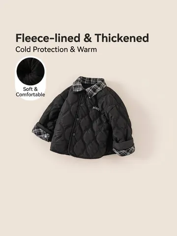 Childrens Boys Winter Quilted Padded Jacket Fleece Lined Warm Coat With Plaid Collar And Letter Embroidery Black Outwear