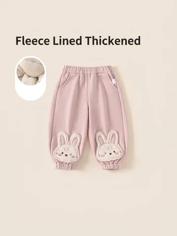 Girls Winter Fleece Lined Pants Cute Cartoon Rabbit Embroidery Warm Trousers Elastic Waist Soft Cotton Joggers For Kids