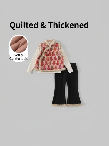 Children Chinese Style Winter Three Piece Set Girls Cute Gourd Print Padded Vest Knit Sweater And Flared Pants Outfit