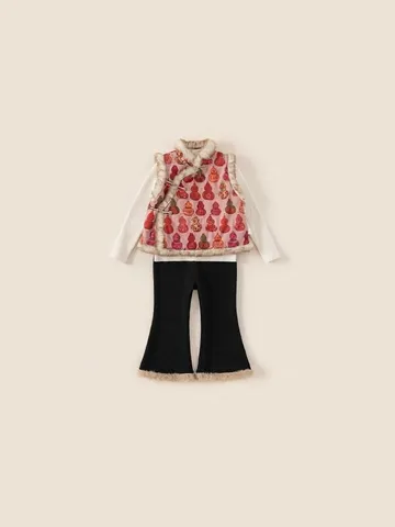 Children Chinese Style Winter Three Piece Set Girls Cute Gourd Print Padded Vest Knit Sweater And Flared Pants Outfit