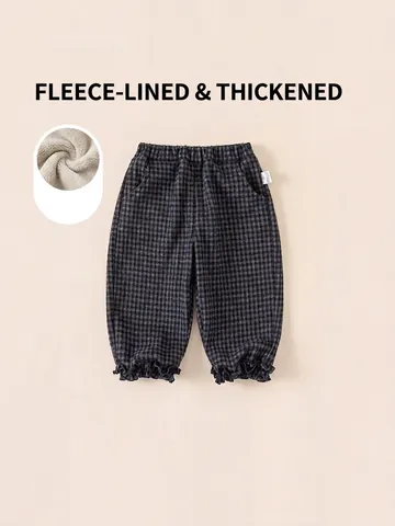 Mädchen Winter Fleece Gefüttert Karierte Lässige Jogginghose Kinder Dicke Warme Elastische Taille Volantsaum Hosen