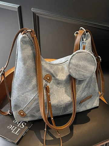 Borsa Tote da Donna in Pelle PU Retrò con Texture Denim Grande Capacità Borsa a Tracolla con Portamonete Rotondo Rimovibile