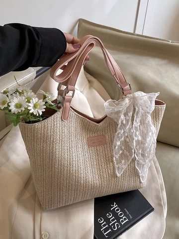Damen Große Gewebte Stroh-Einkaufstasche Sommer Strandurlaub Schultertasche Mit Spitze Schleife Dekor Mode PU Handtasche