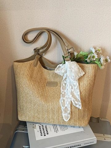 Damen Große Gewebte Stroh-Einkaufstasche Sommer Strandurlaub Schultertasche Mit Spitze Schleife Dekor Mode PU Handtasche