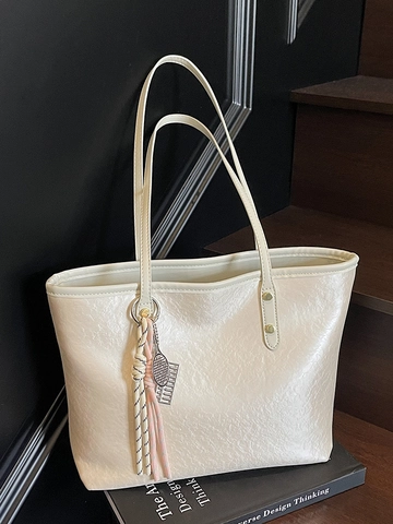 Bolso Tote de Cuero PU para Mujer Gran Capacidad Minimalista Color Sólido Bolso de Hombro Plisado con Colgante de Raqueta de Tenis