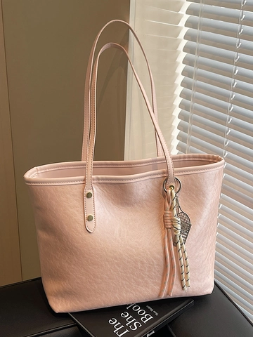 Bolso Tote de Cuero PU para Mujer Gran Capacidad Minimalista Color Sólido Bolso de Hombro Plisado con Colgante de Raqueta de Tenis