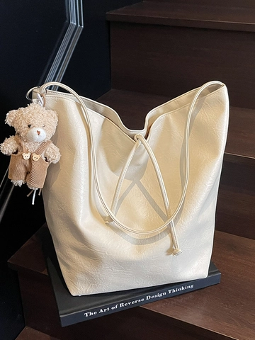 Minimalistische Damen Weich PU Leder Große Kapazität Tote Bag Urban Simple Umhängetasche Mit Bär Anhänger Pendeln Daily Handtasche