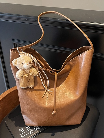 Minimalistische Damen Weich PU Leder Große Kapazität Tote Bag Urban Simple Umhängetasche Mit Bär Anhänger Pendeln Daily Handtasche