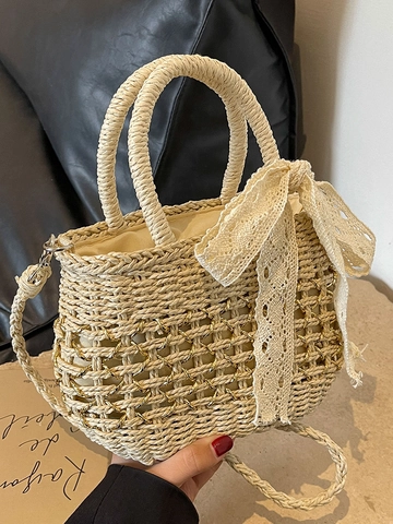 Borsa a Mano Intrecciata in Paglia Stile Francese per Donna Sacchetto a Tracolla Con Fiocco in Pizzo e Coulisse per Spiaggia Vacanza