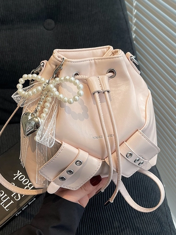 Damen Plissee Kordelzug Beuteltasche Mit Perle Schleife Spitze Herz Anhänger Streetstyle PU Leder Umhängetasche Für Alltag