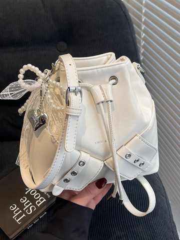 Damen Plissee Kordelzug Beuteltasche Mit Perle Schleife Spitze Herz Anhänger Streetstyle PU Leder Umhängetasche Für Alltag