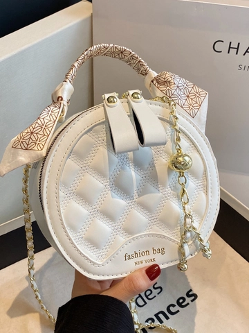 Quilted Round Crossbody Bag For Women PU Leather Fashion Circular Top Handle Purse With Chain Strap Satin Scarf Decor