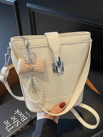 Women Minimalist PU Leather Bucket Bag High Quality Handheld Crossbody Bag With Plaid Bow Pearl Charm Commuter Handbag