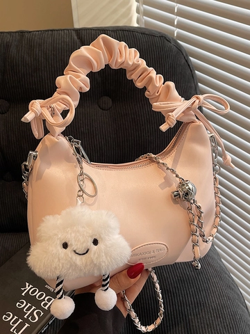 Korean Style Women Ruched Handbag Chain Strap Cloud Pendant PU Leather Crossbody Hobo Bag Solid Color Commuting Messenger Bag