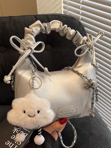 Korean Style Women Ruched Handbag Chain Strap Cloud Pendant PU Leather Crossbody Hobo Bag Solid Color Commuting Messenger Bag