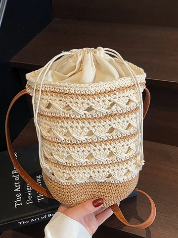 Borsa a Secchiello Bohemian Lavorata all'Uncinetto Borsa a Tracolla a Contrasto Tessuta a Mano Con Fodera in Tela Donna Mare
