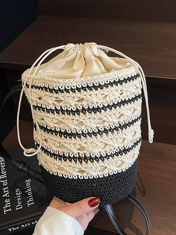 Borsa a Secchiello Bohemian Lavorata all'Uncinetto Borsa a Tracolla a Contrasto Tessuta a Mano Con Fodera in Tela Donna Mare