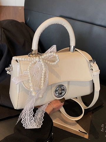 Women Fashion PU Leather Square Crossbody Bag Korean Style Simple Handbag With Lace Pearl Bow Small Shoulder Bag For Daily Leisure