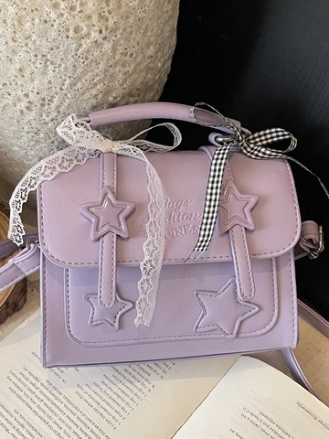 Petit Sac Carré Patchwork Étoiles pour Femmes Sac à Main en Simili Cuir PU Avec Nœud en Dentelle Bandoulière Réglable Sacoche