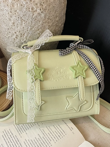 Petit Sac Carré Patchwork Étoiles pour Femmes Sac à Main en Simili Cuir PU Avec Nœud en Dentelle Bandoulière Réglable Sacoche