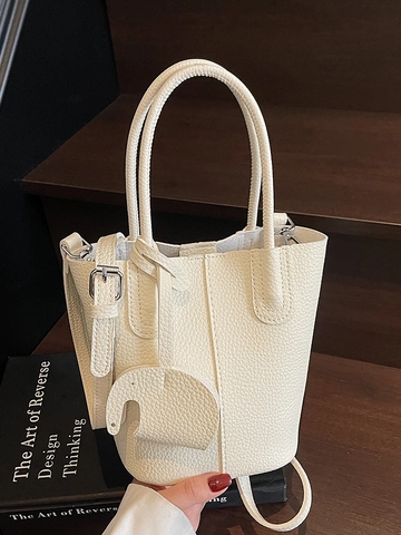 Bolso Cubo de Mujer Estilo Coreano Simple de Cuero PU con Patrón de Litchi Elegante Bolso de Hombro con Colgante de Elefante