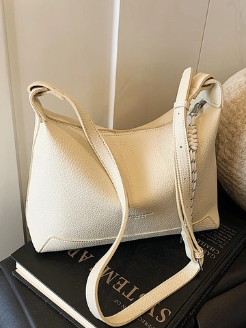Urban Simple Damen PU Leder Umhängetasche Litschimuster Verstellbarer Schultergurt Geflochtenes Seildetail Reißverschluss Tasche