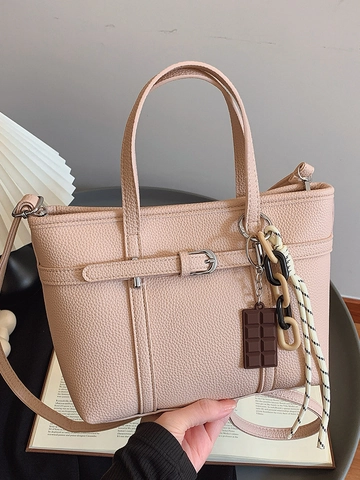 Women's Litchi Pattern PU Leather Bucket Bag Minimalist Crossbody Shoulder Bag With Creative Chocolate Charm For Daily Commute
