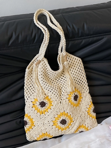 Borsa Tote all'Uncinetto con Girasole Tessuta a Mano per Donna Borsa a Tracolla in Maglia Traforata con Nappine Borsetta Casual da Spiaggia