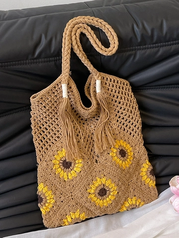 Borsa Tote all'Uncinetto con Girasole Tessuta a Mano per Donna Borsa a Tracolla in Maglia Traforata con Nappine Borsetta Casual da Spiaggia