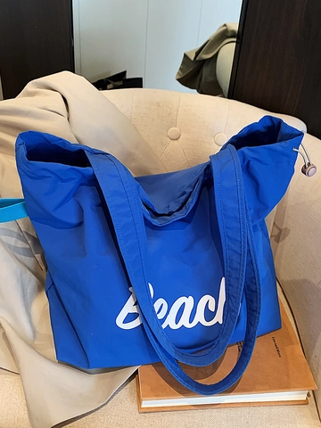 Women Large Capacity Polyester Tote Bag With Letter Print Drawstring Closure Lightweight Casual Shoulder Bag For Travel