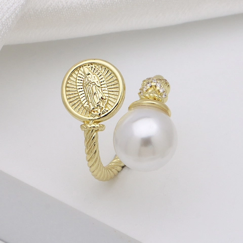 Anillo Abierto de Latón Vintage Chapado en Oro Mujer Perla Artificial Flor Circonia Incrustada Relieve Virgen María Joyería de Moda