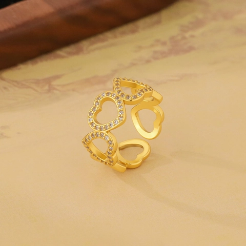 Elegante Anillo Abierto de Cobre Chapado en Oro Corazón Hueco Con Zirconia Micro Incrustada Joyería de Moda Ajustable Regalo Mujer