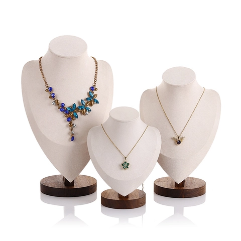 Walnut Wood Necklace Display Stand Portrait Mannequin Bust Jewelry Holder Velvet Fabric For Pendants Chains Countertop