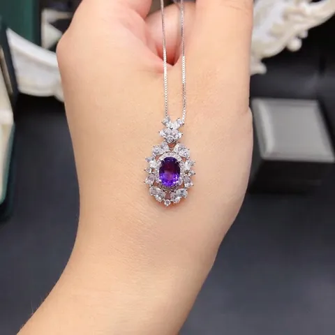 925 Sterlingsilber Natürlicher Amethyst Anhänger Für Damen Eleganter Ovaler Blumen Strass Anhänger Ohne Kette