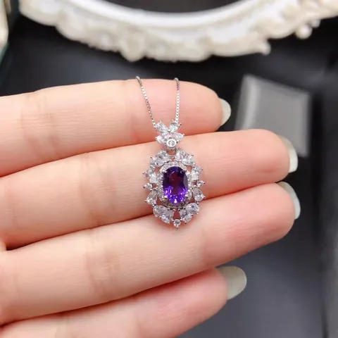 925 Sterlingsilber Natürlicher Amethyst Anhänger Für Damen Eleganter Ovaler Blumen Strass Anhänger Ohne Kette