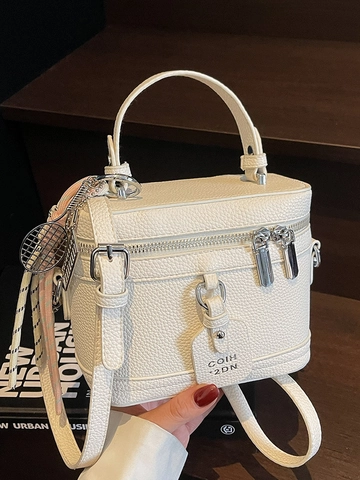Damen Mode PU Leder Box Umhängetasche Litschitextur Handtasche Schicke Pendler Henkeltasche Mit Tennisschläger Anhänger