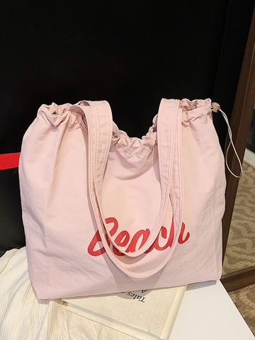 Women Large Capacity Polyester Tote Bag With Letter Print Drawstring Closure Lightweight Casual Shoulder Bag For Travel