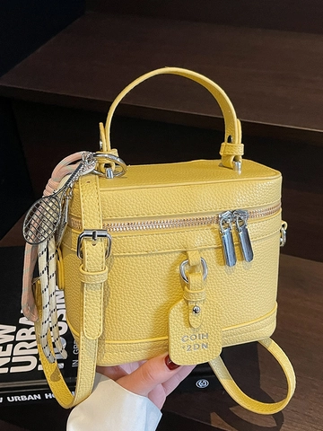 Damen Mode PU Leder Box Umhängetasche Litschitextur Handtasche Schicke Pendler Henkeltasche Mit Tennisschläger Anhänger
