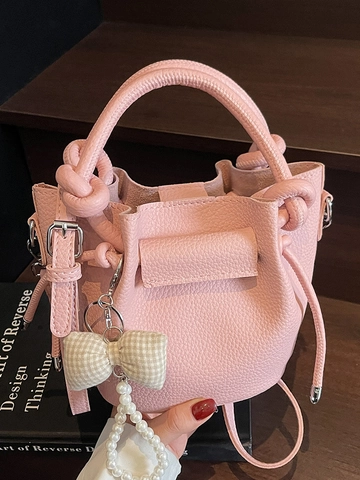 Bolso Bombonera de Cuir PU para Mujer Estilo Francés Minimalista Patrón Lichi Bolso Bandolera Plisado Con Colgante de Perla Lazo