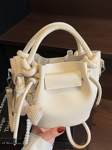 Bolso Bombonera de Cuir PU para Mujer Estilo Francés Minimalista Patrón Lichi Bolso Bandolera Plisado Con Colgante de Perla Lazo