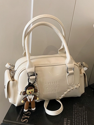 Borsa da Bowling in Pelle PU Lucida Stile Americano Retrò per Donna Borsa Boston Alla Moda con Goffratura e Ciondolo Perla